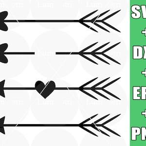 Op de afbeelding: Vier zwarte pijlontwerpen met verschillende pijlpunten. De pijlpunten zijn een hart, een driehoek en twee verschillende pijlpuntenstijlen. De pijlen wijzen allemaal naar rechts. De tekst "SVG + DXF + EPS + PNG" staat in de rechterbovenhoek van de afbeelding.