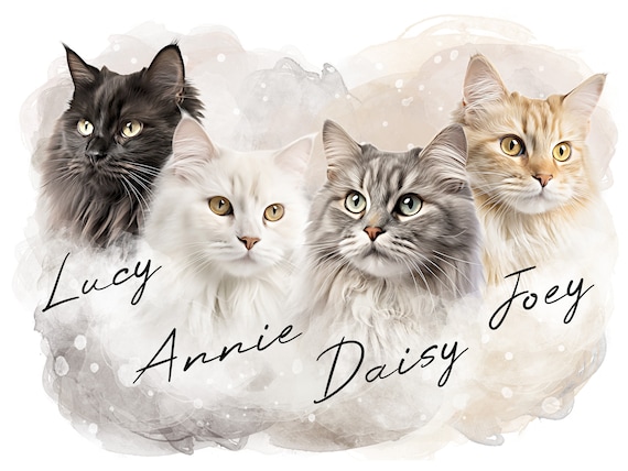 Multiple cats custom portrait, up to 4 pets, dog portrait digital cat portrait, dog lover gift, custom multiple cat customized cat portrait