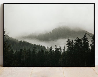 Foggy Mountain Print, Pacific Northwest Wall Art, Misty Forest Landscape Photo, Cozy Decor Gift