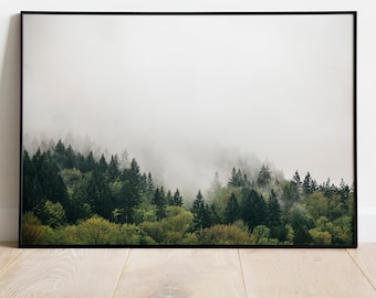 Pacific Northwest Wall Art, Foggy Forest Photography Print, Green Misty Trees Home Decor
