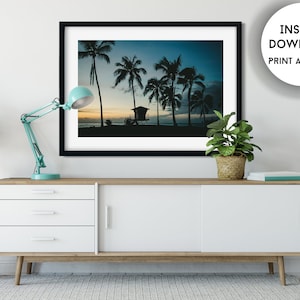 Blue Palm Tree Sunset Printable Wall Art, North Shore Oahu Hawaii