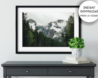 Pacific Northwest afdrukbare muurkunst, Foggy Forest fotografie print thuis, Washington Mountain Art Print digitale download