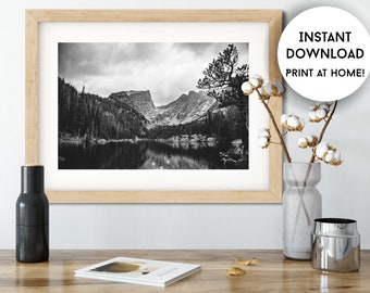 Printable Wall Art, Black and White Mountain Photo, Emerald Lake Colorado, Rocky Mountain National Park