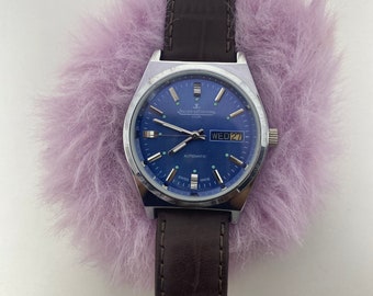 Vintage Jaeger Lecoultre Automático 25 Joyas Fecha y Día Esfera azul Movimiento suizo Reloj de pulsera para hombre