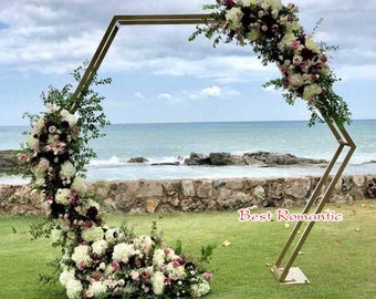 Sechseckiger geometrischer Schmiedeeisenständer Hochzeit Hintergrunddekor Blumenarrangement Bogen, sechseckiger Doppelring Swag Stand