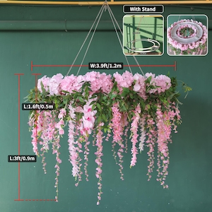 Pink Artificial Rose Hydrangea Wisteria Circle Flower Arrangement for Wedding Event Decor Ceiling Hanging Metal Hoop Frame