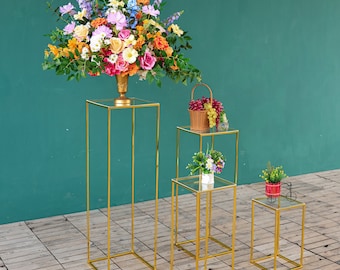 Shiny Gold Plating Geometric Flower Stand Wedding Centerpieces Backdrop Stand Party Decoration Rectangular Square Frame Acrylic Top Board