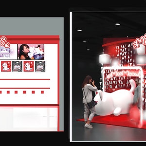 K&ouml;nnte beinhalten: Ein rot-wei&szlig;er Stand mit einem gro&szlig;en wei&szlig;en Katzenmaskottchen. Der Stand hat einen wei&szlig;en Tresen mit einer Auswahl an Produkten, die ausgestellt sind. Der Text "MeeMeows" ist auf dem Stand zu sehen.