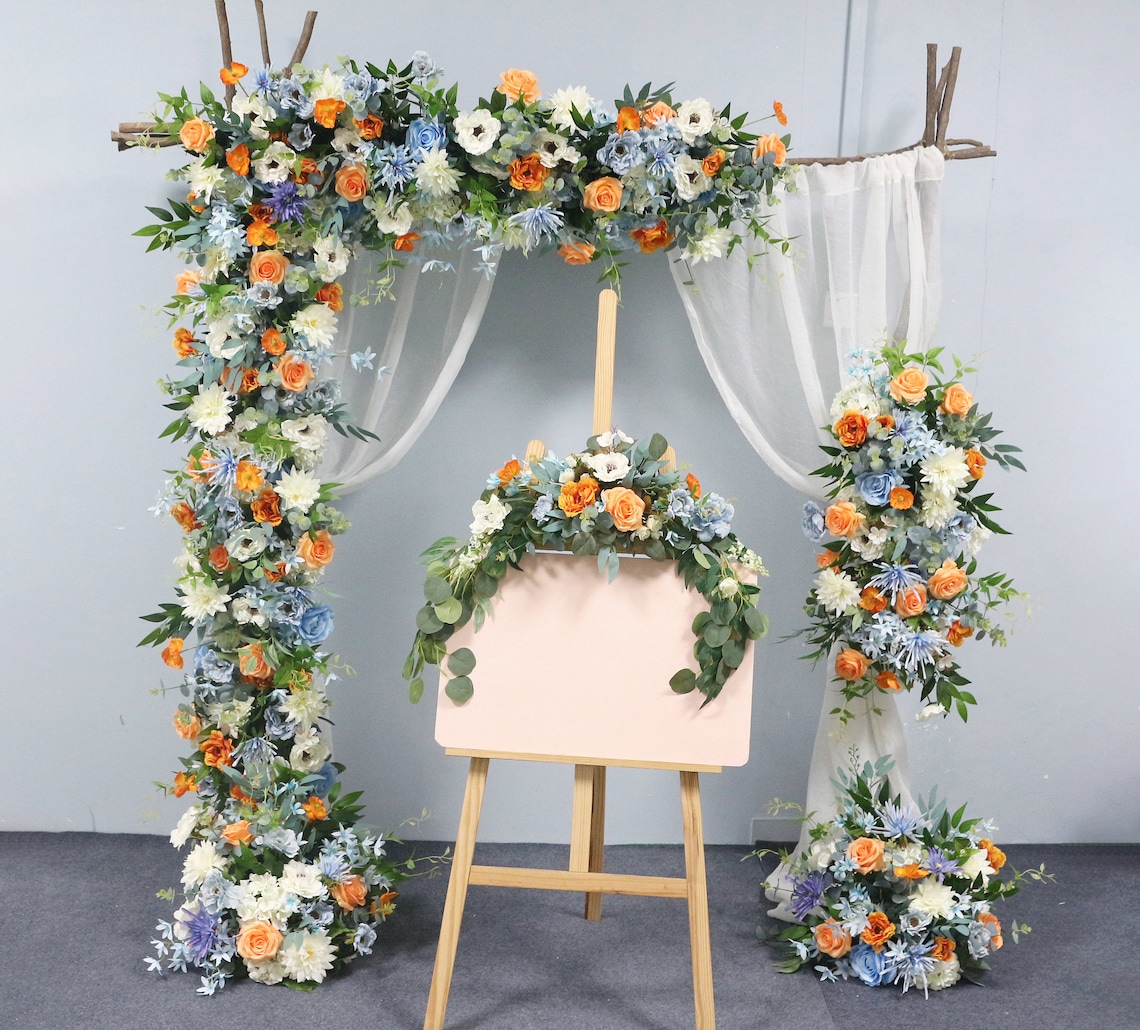 Customized Dirty Blue Orange Flower Arrangement Wedding Arch image 1