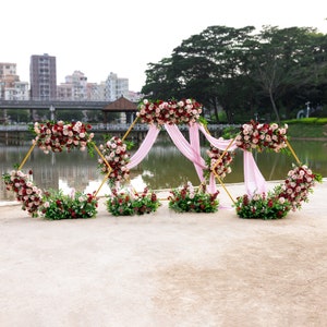 Luxury Burgundy Rose Willow Leaves Pink Flower Arrangement for Wedding Backdrop Decor Outdoor Event Party Stage Stand Props