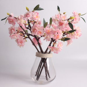 5pcs/lot artificial cherry blossom flowers,silk flowers with green leaf,artificial plant,table home decoration,pink purple white colors