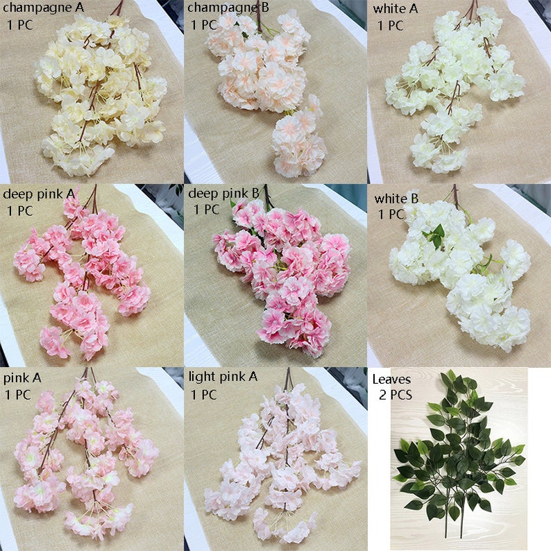 Pu&ograve; includere: Assortimento di rami di ciliegio artificiali in vari colori, tra cui champagne, bianco, rosa intenso, rosa chiaro e foglie verdi. Ogni ramo &egrave; etichettato con il suo colore e la sua quantit&agrave;.