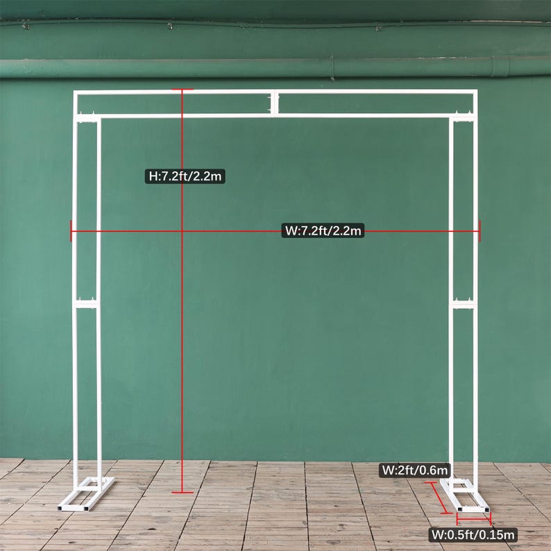 May include: White metal archway backdrop stand with measurements in feet and meters. The stand is 7.2 feet wide and 7.2 feet tall, or 2.2 meters wide and 2.2 meters tall. The base of the stand is 2 feet wide or 0.6 meters wide. The stand is 0.5 feet wide or 0.15 meters wide.