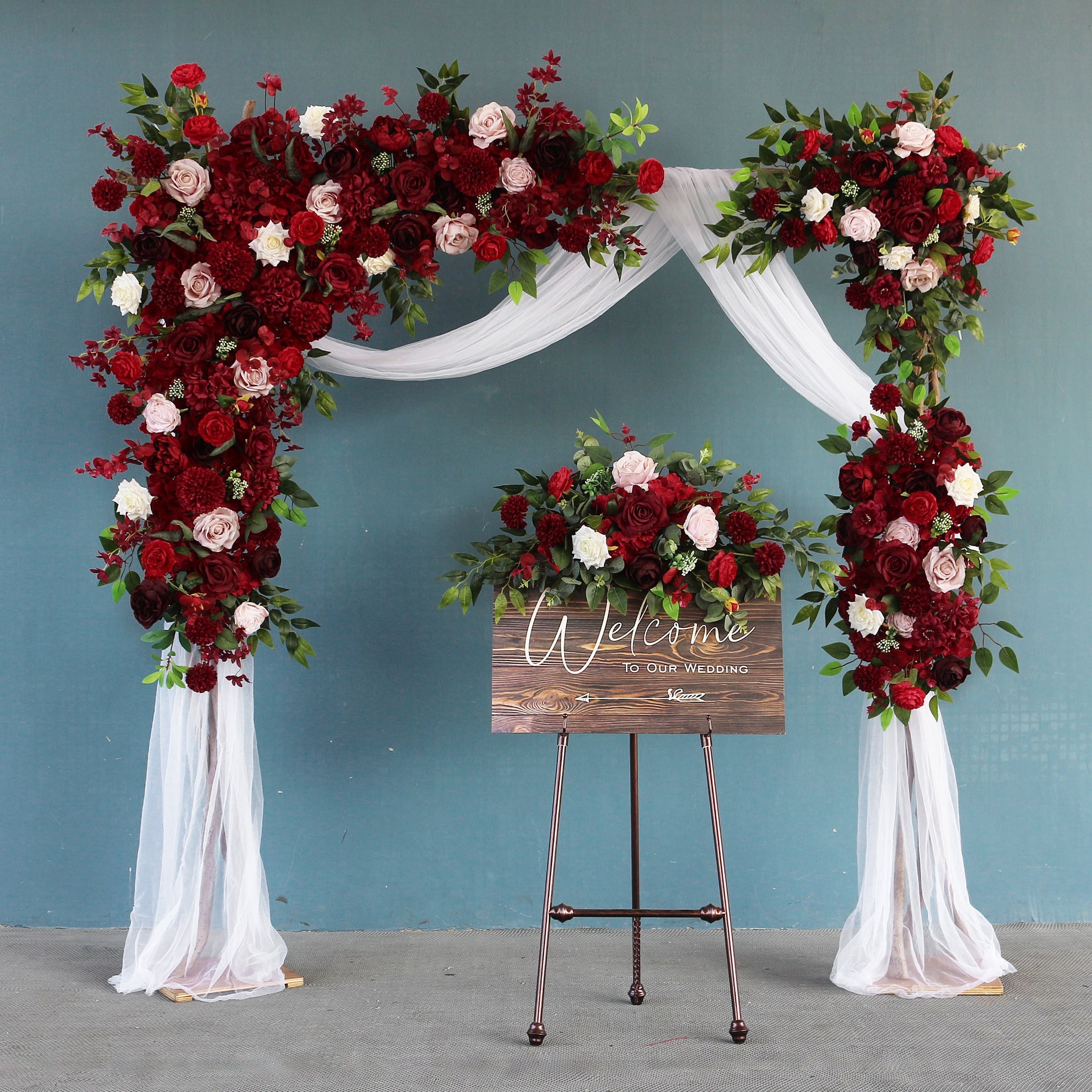 Deep burgundy red blue arch arrangement Arch flowers Fall wedding