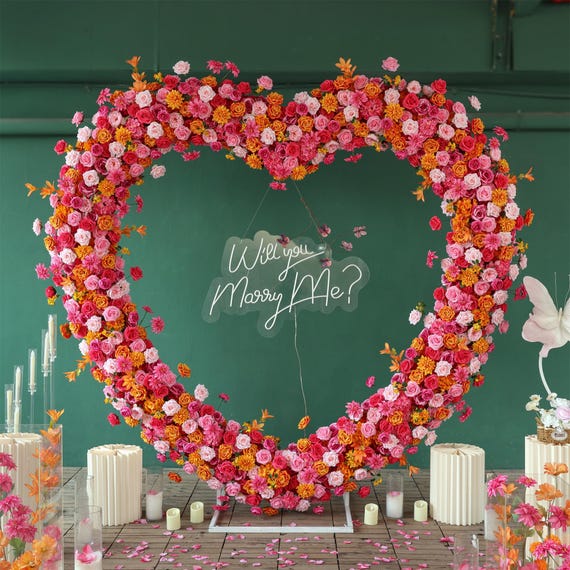 Orange Pink Artificial Rose Greenery Flower Heart Shaped Flower Row  Stand Set Flower Arrangement Wedding Background Arch Party Stage Props