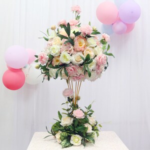 Wedding Centerpiece Flower Ball: Pink, White Silk Flowers & Gold Stand