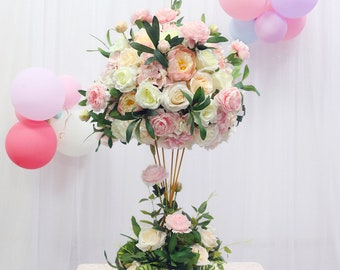 40cm/15.76in wedding centerpieces flower ball,wedding background decor,pink white silk flower,green Eucalyptus leaf,table iron gold stand