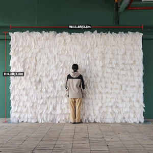 May include: A large white feather wall backdrop, 3.6m wide and 2.5m tall, suitable for events or photo shoots. The wall is covered in soft, white feathers, creating a textured surface. A person stands in front of the backdrop.