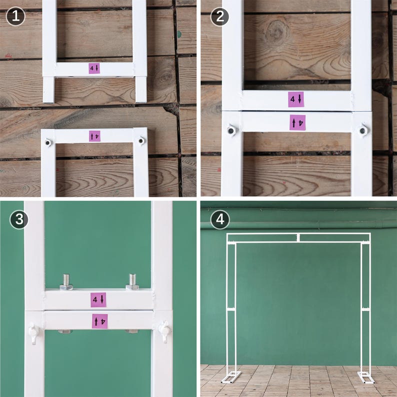 May include: Four images showing the assembly steps for a white metal arch. The first image shows two separate pieces of the arch. The second image shows the two pieces connected together. The third image shows the arch with the top piece attached. The fourth image shows the completed arch.