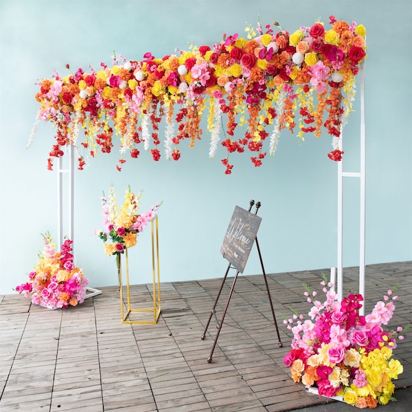 DIY Artificial Flower Arch Backdrop Event Decor Red Yellow Orange Series Rose Orchid Wisteria Wedding Floral Arrangement Home Decor