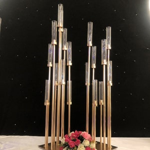 Gold Wedding Table Centerpiece: Metal Candle Holder with Glass Chimneys (4pcs/lot)