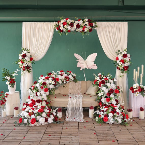 Weiß Rote Rose & Grünzeug Hochzeit Blumen: Seiden Hortensie Blumen Gesteck