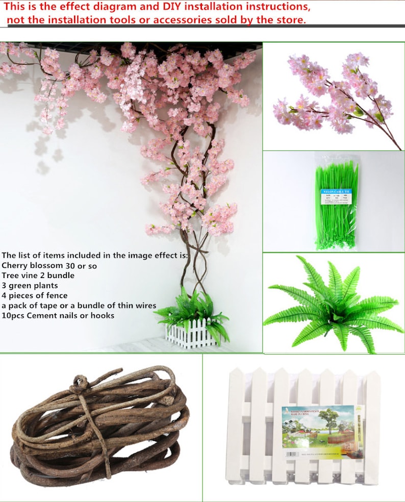 Pu&ograve; includere: Istruzioni di installazione fai-da-te per una scena da giardino in miniatura. L'immagine mostra un albero di ciliegio in fiore rosa, piante verdi, una staccionata bianca, un fascio di viti marroni e fascette per cavi verdi.