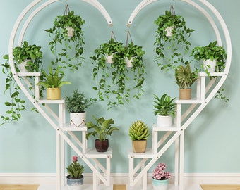 5-Tier Plant Stand: Wrought Iron & Wood, Love Heart Arch