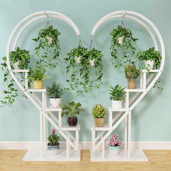 Living room home decoration wood plant stand wrought iron 5 tier wooden board hook love shape display arch stand