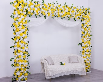 Outdoor Wedding Event Party Backdrop Decoration Yellow White Series Rose Hydrangea Floral Arrangement Metal Arch Props Customized