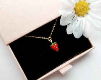 Strawberry Necklace | Gold Fruit Pendant | Cute Cottagecore Jewellery | Whimsical Gift for Her | Fruit Charm Necklace