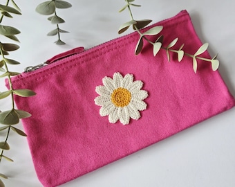 Embroidered Daisy Pencil Case | Pink Pencil Case | Floral Cotton Pouch | Handmade Gift for Her