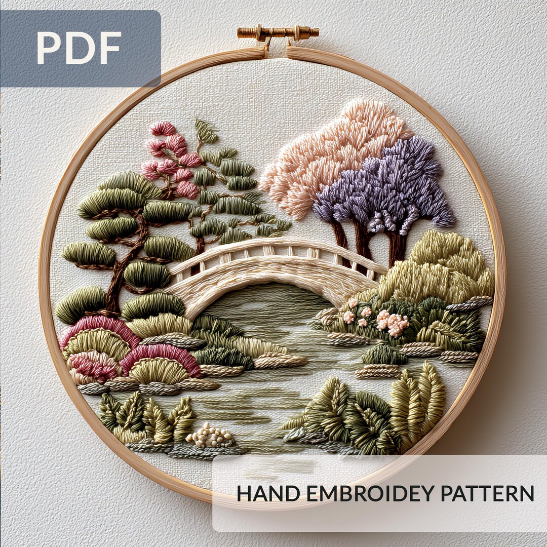 Botanical Landscape Hand Embroidery Pattern PDF, Bridge Scene Hoop Art ...