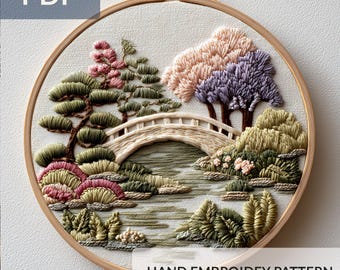 曲がりくねった森の道の刺繍パターン、自然歩道の手縫いテンプレート