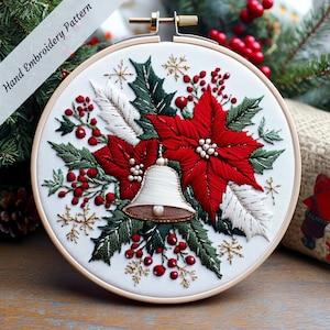Christmas Hand Embroidery PDF Pattern Xmas Bell Digital Pattern with poinsettias and holly berries Winter Ornaments Craft Christmas Gift