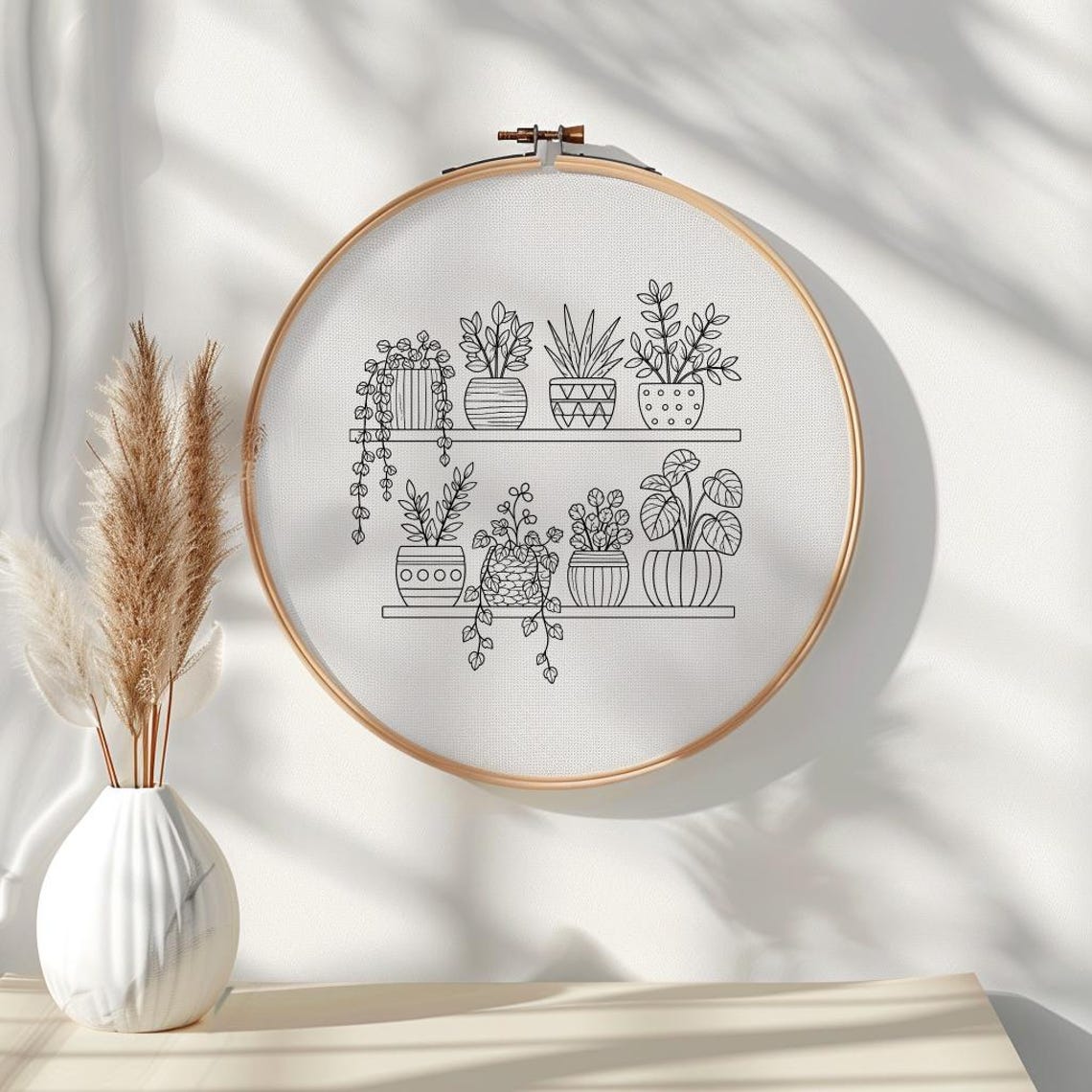 Botanical Shelf Hand Embroidery Pattern PDF, Modern Plant Hoop Art DIY ...