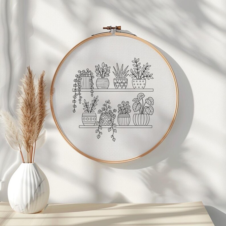 Botanical Shelf Hand Embroidery Pattern PDF, Modern Plant Hoop Art DIY ...
