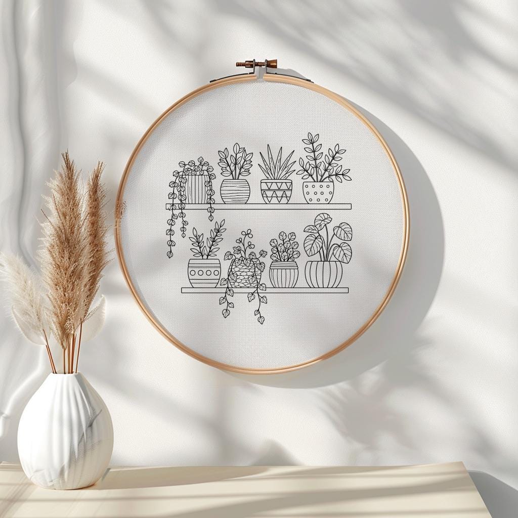 Botanical Shelf Hand Embroidery Pattern PDF, Modern Plant Hoop Art DIY ...