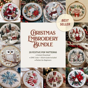 May include: A selection of Christmas embroidery patterns in wooden hoops. Designs feature Santa Claus, wreaths, a rabbit, gnomes, winter scenes, an owl, snowflakes, stockings, a nutcracker, and holly. Text reads "Christmas Embroidery Bundle" and "Best Seller".