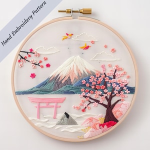 Könnte beinhalten: Handgesticktes Bild im Stickrahmen mit japanischer Landschaft. Das Design zeigt den Fuji, Kirschblüten, ein Torii-Tor und Vögel. Der Text "Hand Embroidery Pattern" ist oben links auf dem Rahmen aufgedruckt.