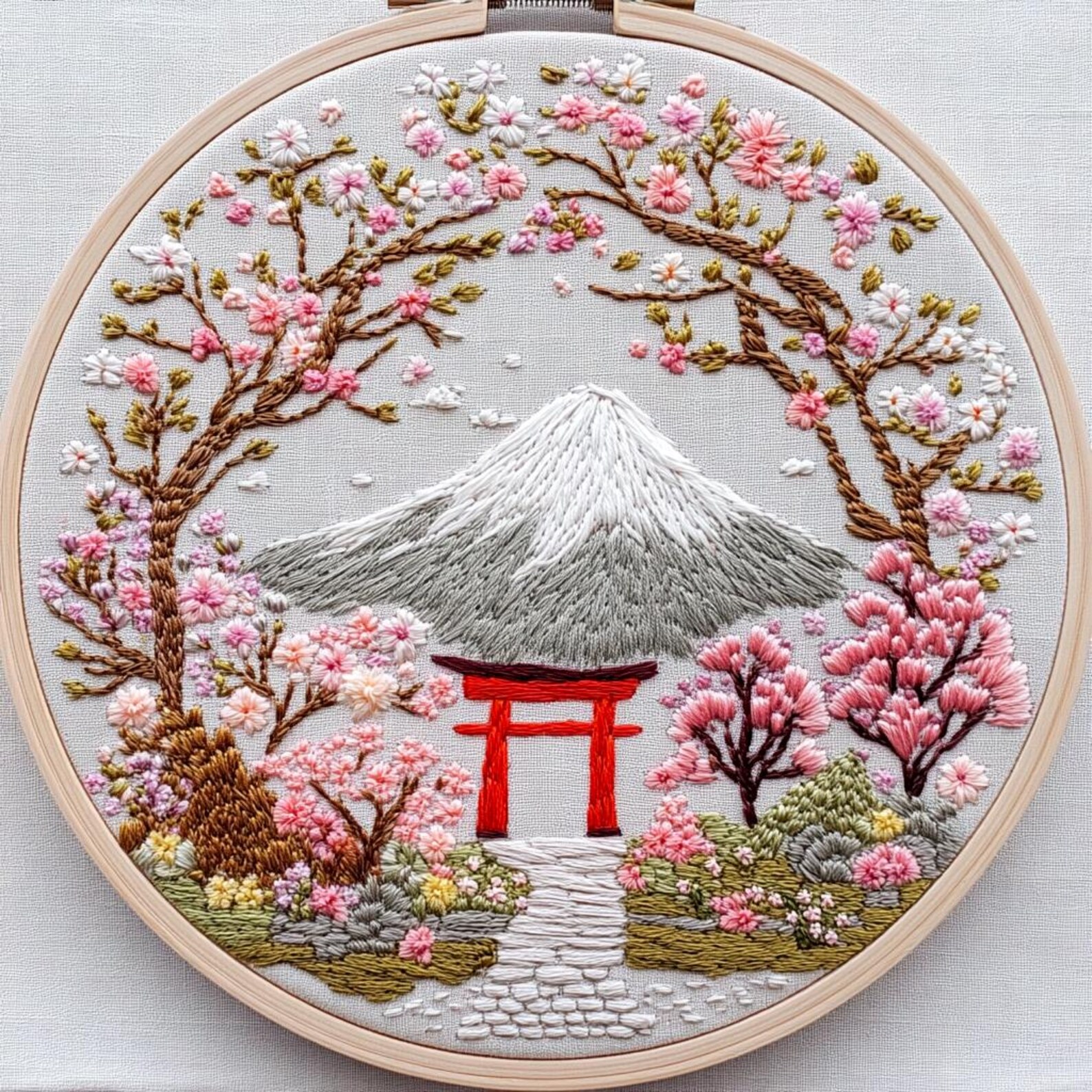 Japanese Landscape With Cherry Blossoms, Mount Fuji Embroidery Pattern ...