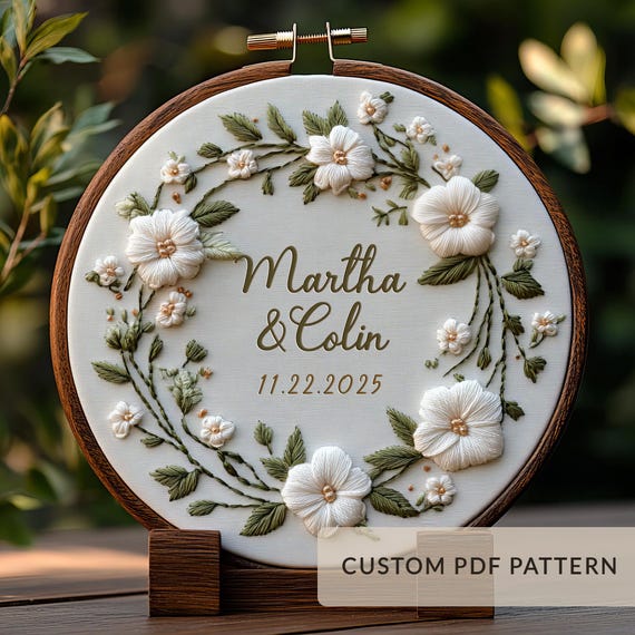 THE MONOGRAM ENGRAVED HOOPS/エングレイヴ3点セット Personalized Wedding Wreath Embroidery Pattern PDF • Custom Names