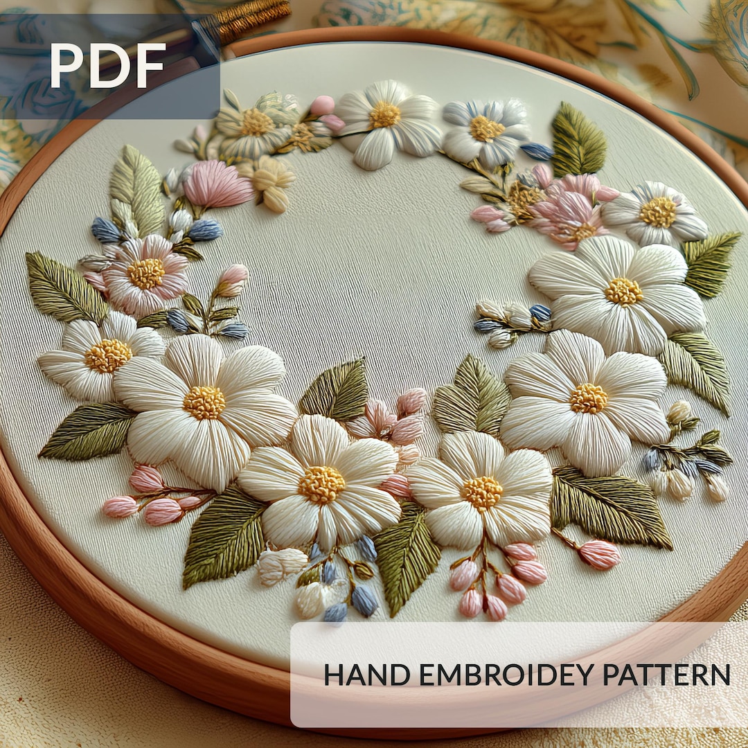 Floral Wreath Hand Embroidery Pattern PDF, Beginner Friendly Round Hoop ...