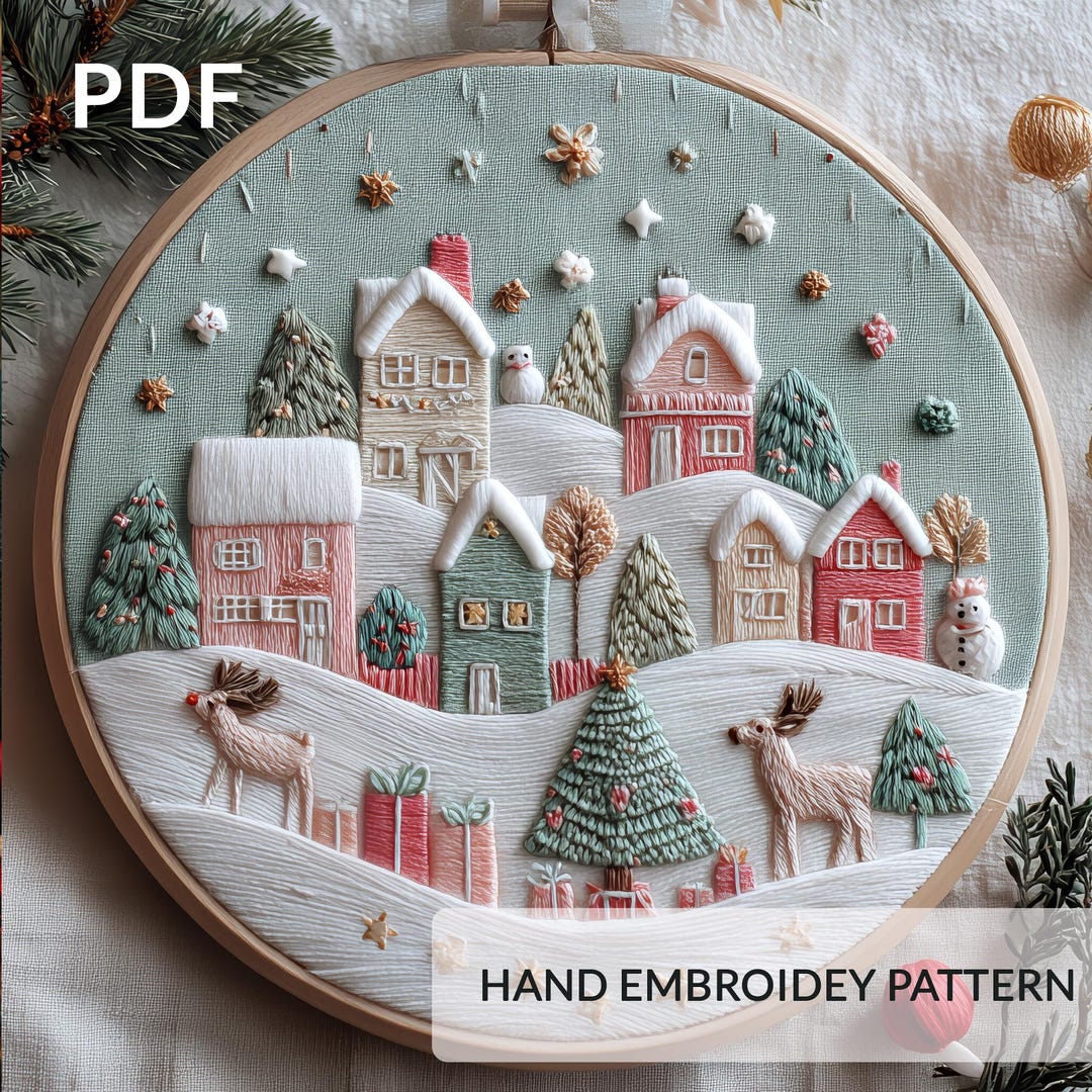 Christmas Village Embroidery Pattern PDF, Winter Reindeer Hoop Art ...