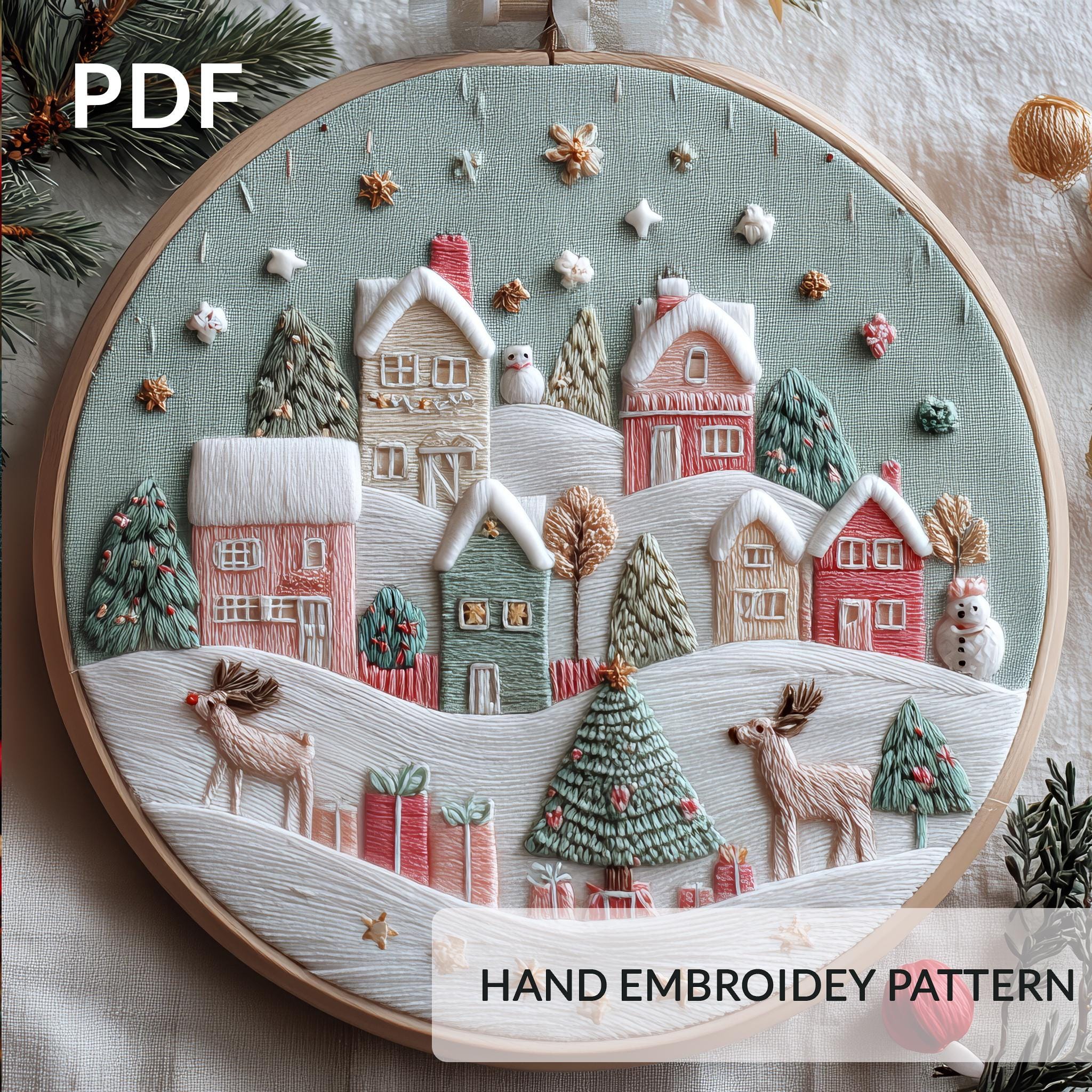 Christmas Village Embroidery Pattern PDF, Winter Reindeer Hoop Art ...