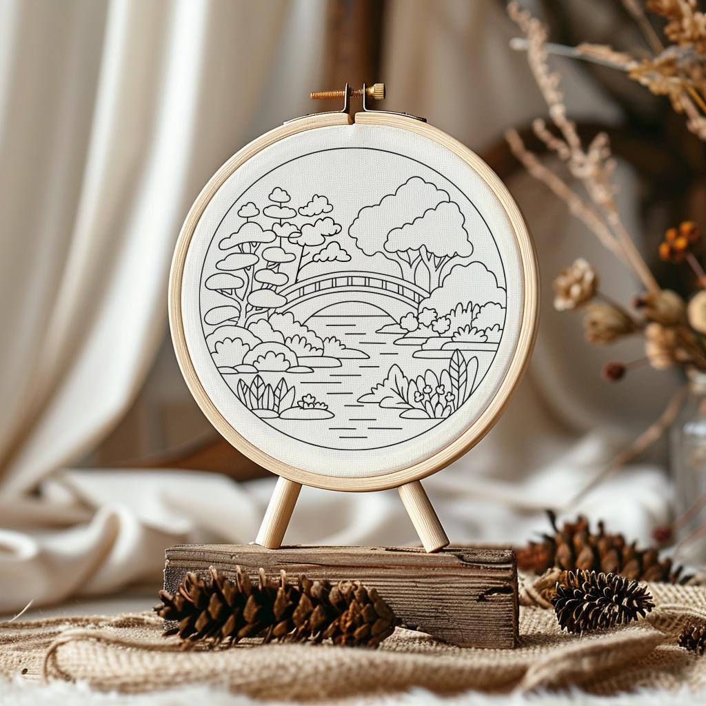 Botanical Landscape Hand Embroidery Pattern PDF, Bridge Scene Hoop Art ...