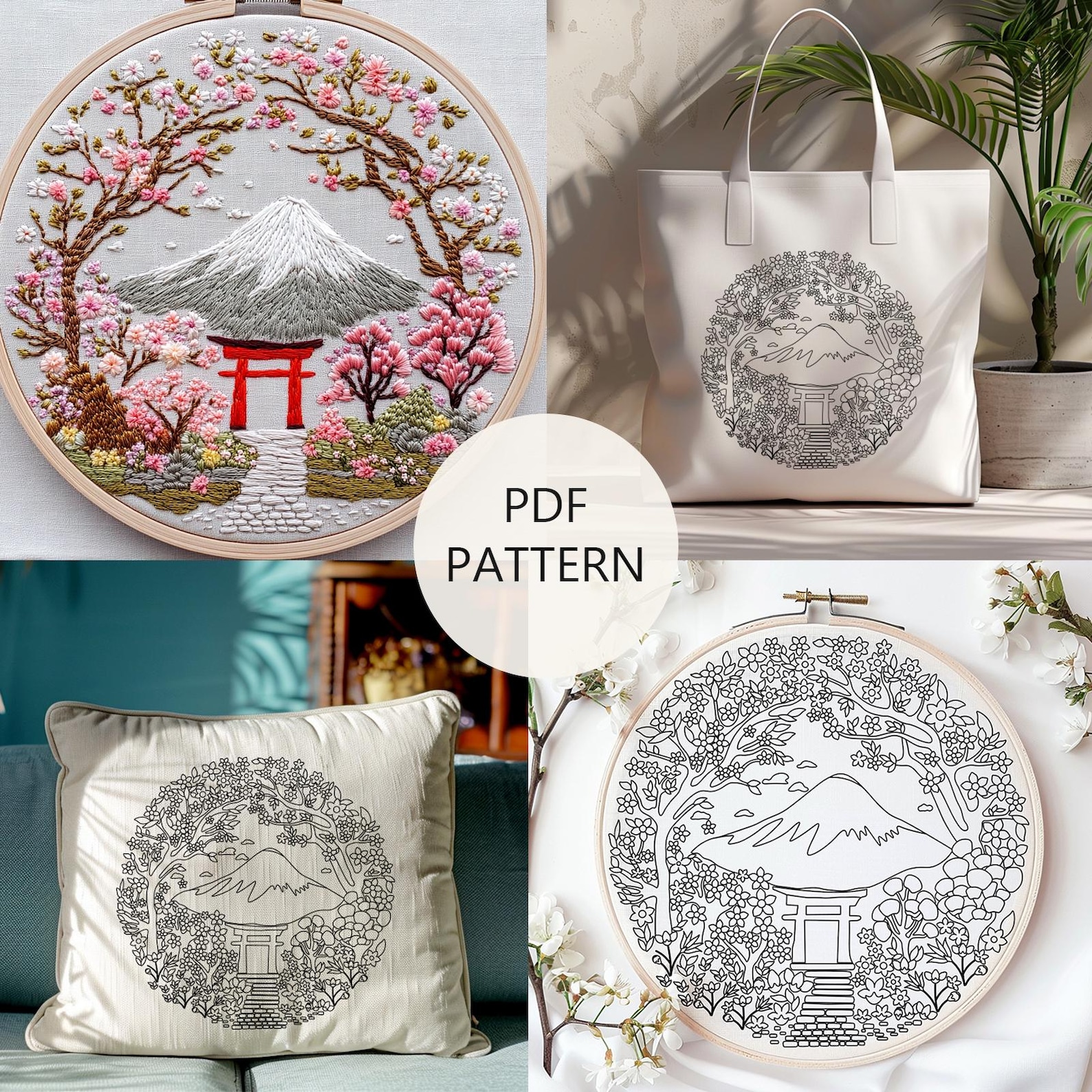 Japanese Landscape With Cherry Blossoms, Mount Fuji Embroidery Pattern ...