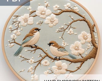 Delicate Birds Sitting on Blossoming Branches – Japanese, Chinese Hand Embroidery PDF Pattern