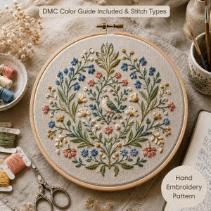 Pode incluir: Um bastidor de bordado circular de madeira contendo um painel de tecido bege com um design bordado à mão de um pássaro central rodeado por motivos florais e de folhas simétricos em tons de azul, rosa, amarelo e verde. O texto diz DMC Color Guide Included & Stitch Types e Hand Embroidery Pattern.