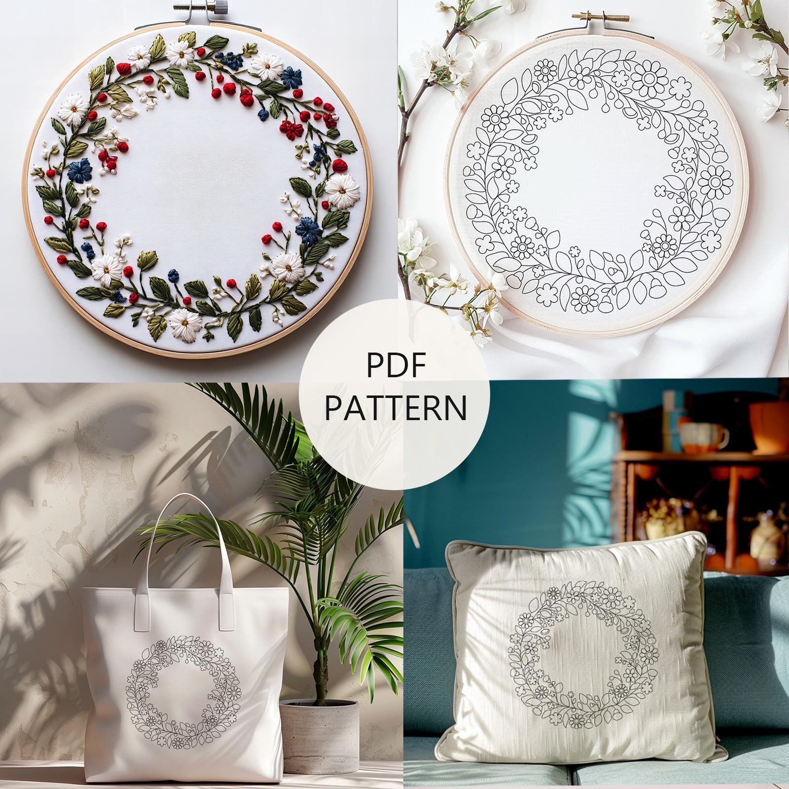 Floral Wreath Hand Embroidery Pattern PDF. Beginner-friendly Digital ...